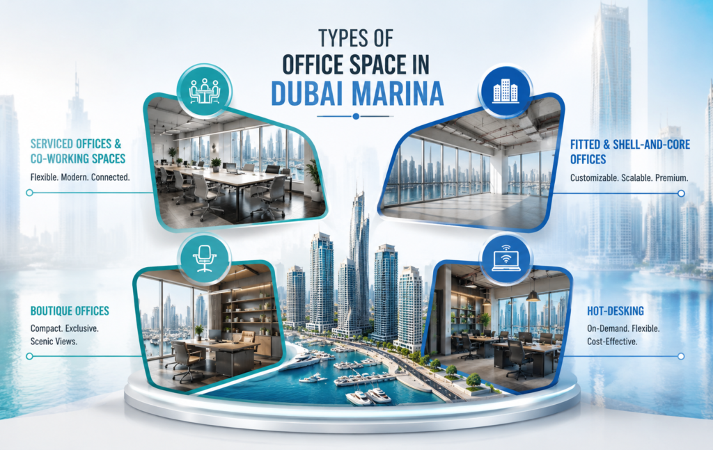 types of office space in Dubai Marina coworking serviced offices private offices commercial spaces UAE