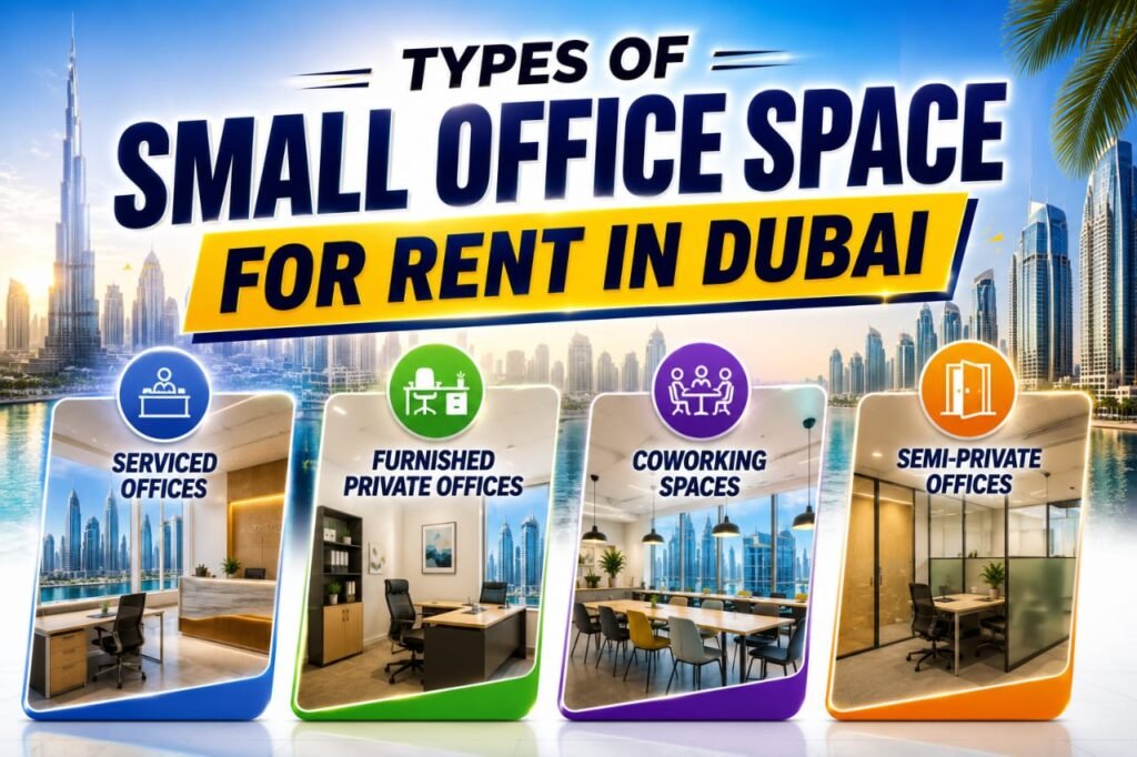 types of small office space for rent in Dubai coworking serviced offices private offices flexi desks UAE
