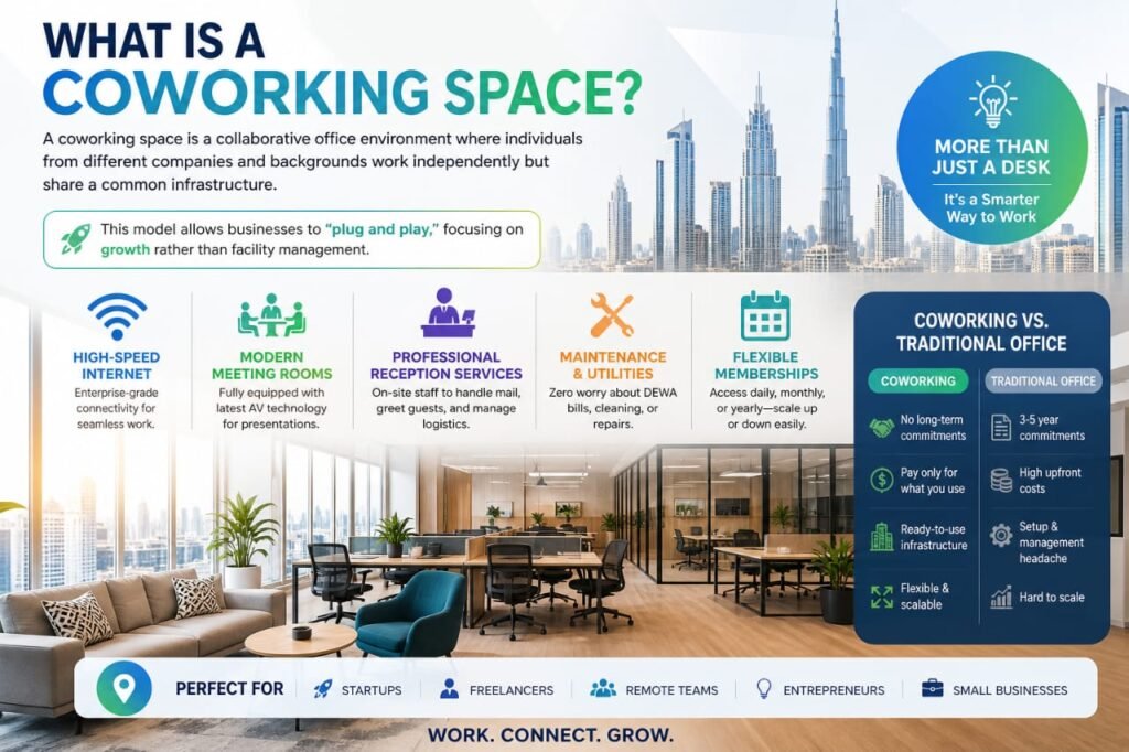 Modern coworking space interior showing shared desks, meeting rooms, and flexible office setup for professionals