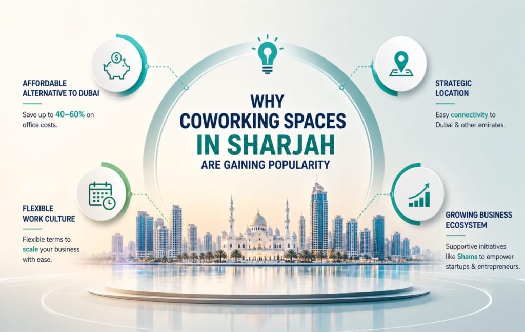 modern coworking spaces in Sharjah flexible offices startup professionals working shared workspace business growth UAE