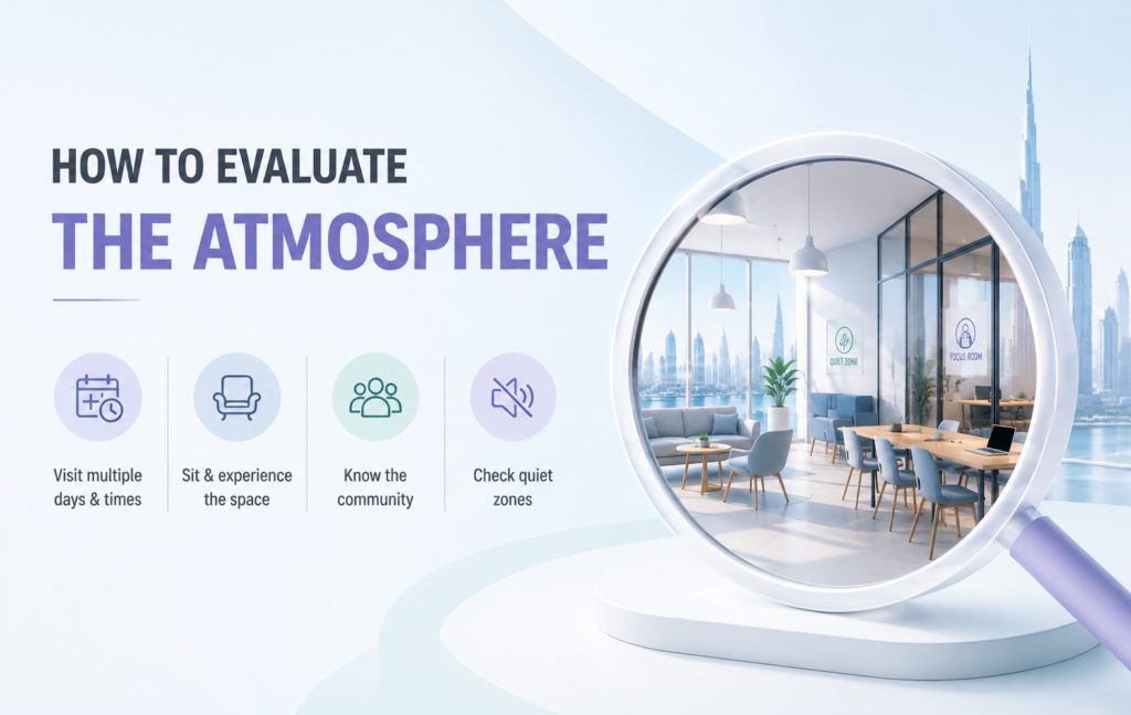 Professionals assessing the atmosphere, noise levels, and work environment of a coworking space in Dubai