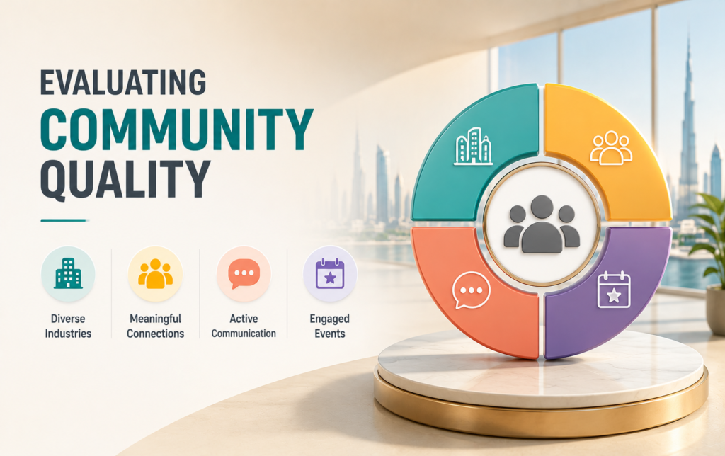 Professionals networking and collaborating in a coworking space community in Dubai