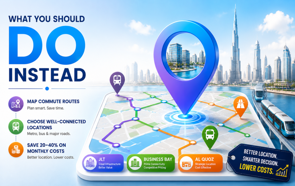 Business professionals evaluating coworking space locations in Dubai based on accessibility, commute times, and transport connections