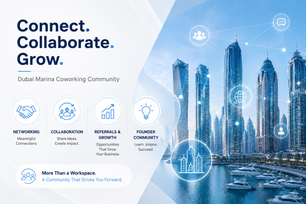 Entrepreneurs and professionals networking in a coworking space in Dubai Marina