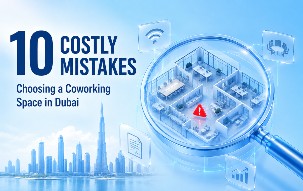 Business professionals evaluating a coworking space in Dubai to avoid costly workspace mistakes and hidden expenses