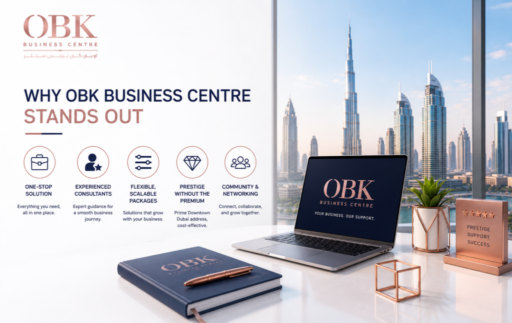 OBK Business Centre Dubai providing premium business setup services, flexible office solutions, and professional workspace facilities in Downtown Dubai