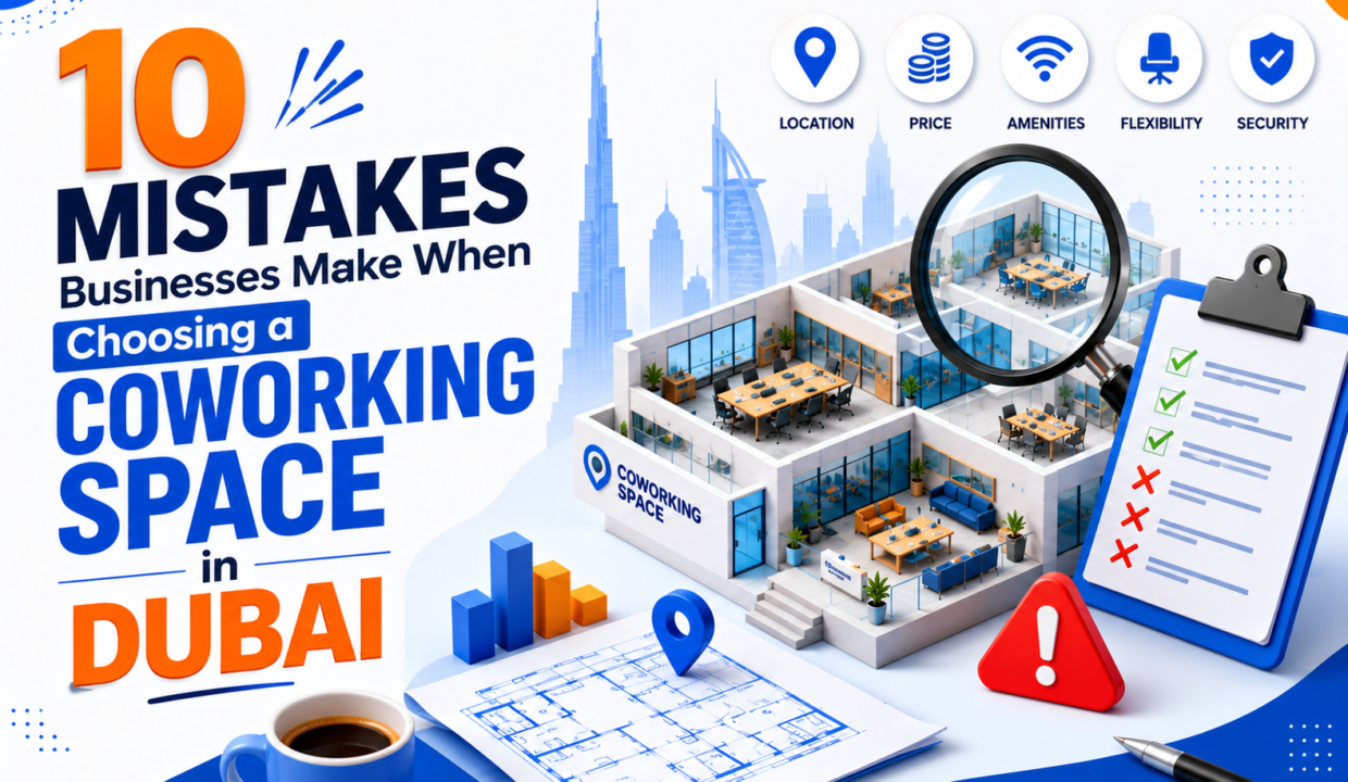 Illustration showing common mistakes businesses make when choosing a coworking space in Dubai with a modern office layout, checklist, and workspace evaluation elements.