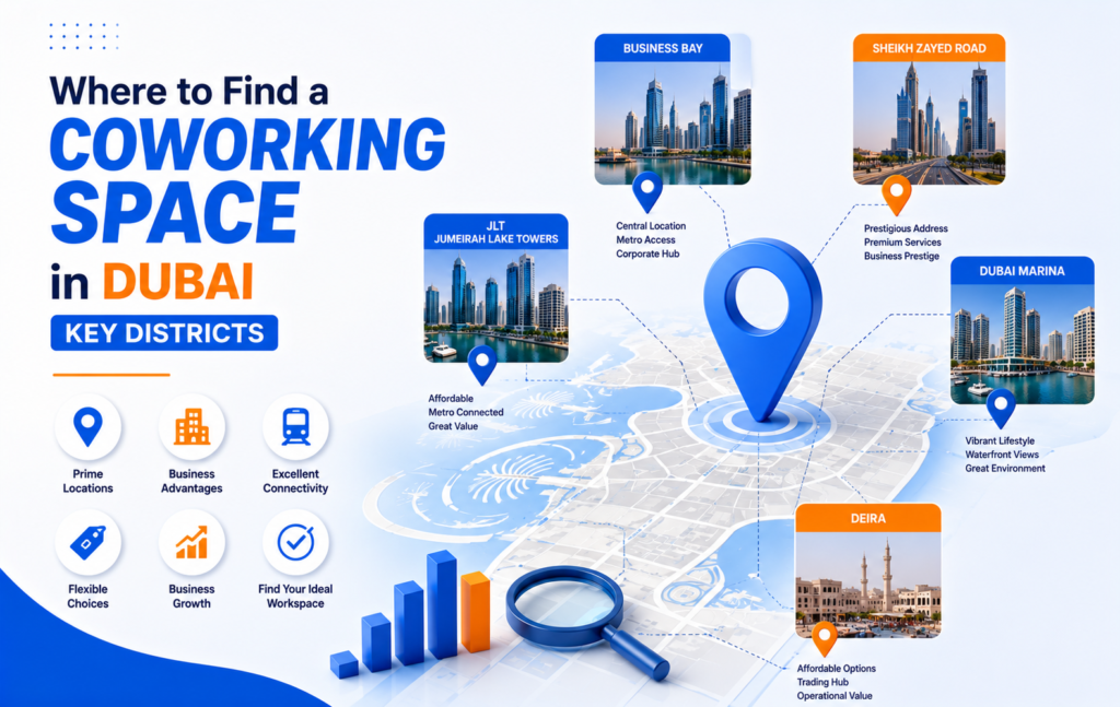 Illustration of Dubai's key coworking space districts, including Business Bay, JLT, Sheikh Zayed Road, Dubai Marina, and Deira, with location markers and business icons.