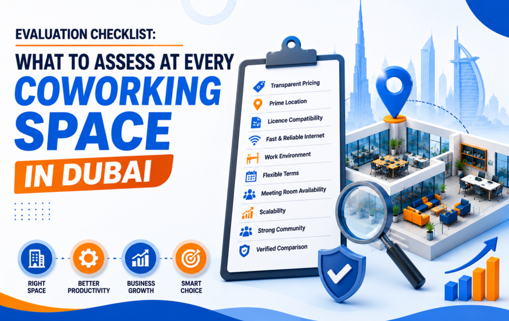 Modern illustration of a coworking space evaluation checklist in Dubai featuring office workspace, checklist, location pin, and business assessment icons.