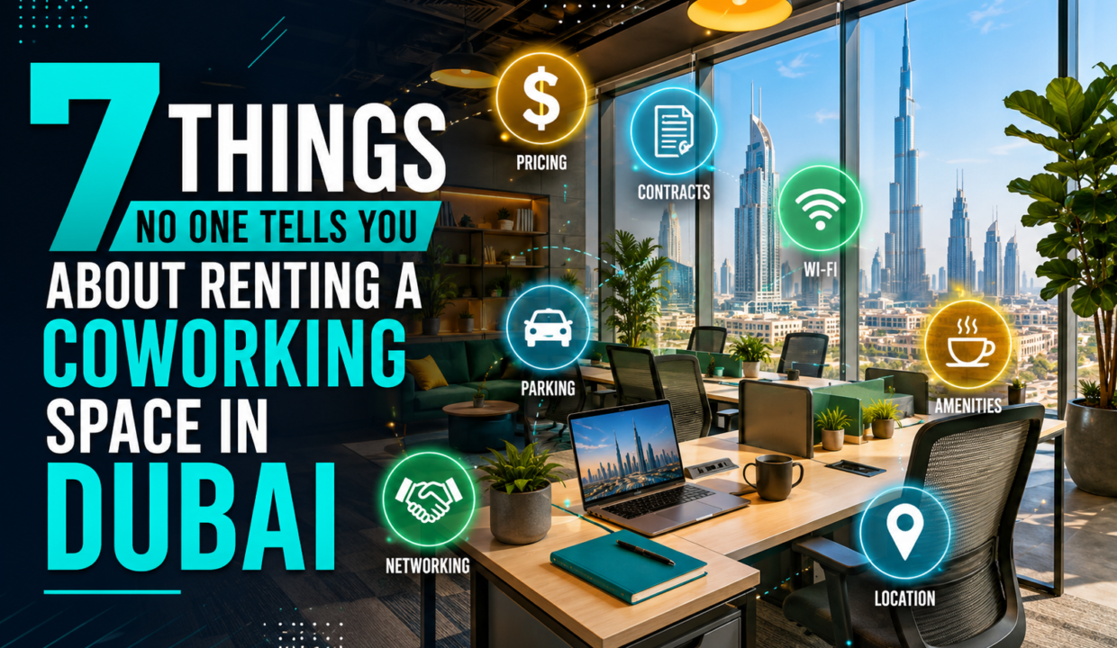Modern coworking space in Dubai with premium office interiors, Dubai skyline, and icons highlighting pricing, contracts, Wi-Fi, parking, amenities, networking, and location.