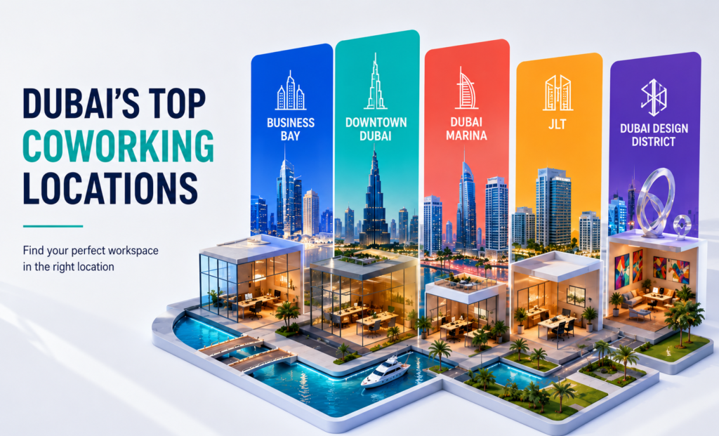 Illustration of Dubai's top coworking locations featuring Business Bay, Downtown Dubai, Dubai Marina, JLT, and Dubai Design District with modern office spaces and iconic skyline landmarks.