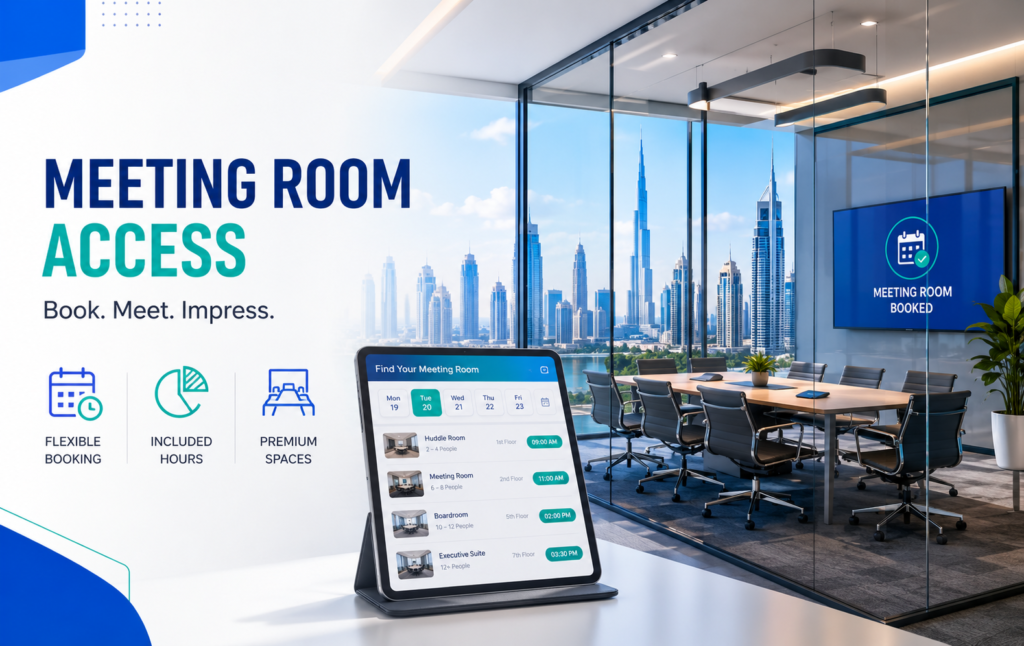 Modern glass meeting room in a Dubai coworking space with a digital meeting room booking interface, premium boardroom, and panoramic city skyline view.