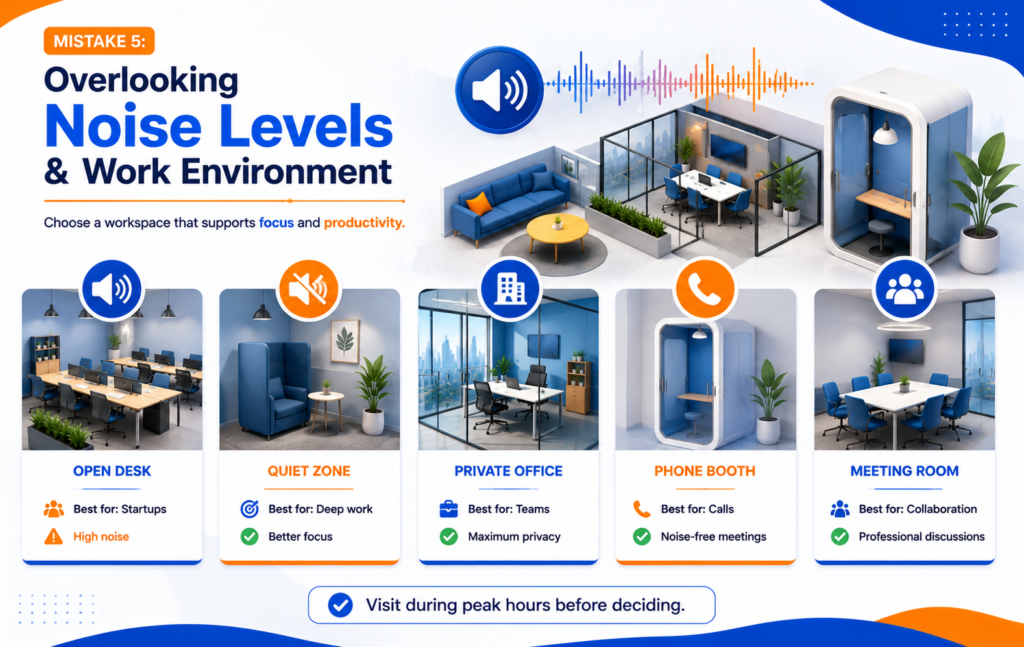 Infographic comparing different work environments in a coworking space in Dubai, including open desks, quiet zones, private offices, phone booths, and meeting rooms.