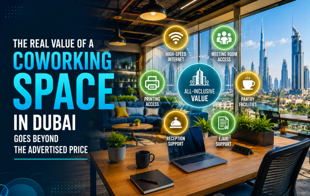 Modern coworking space in Dubai with premium office interiors, business amenities, high-speed internet, meeting rooms, and Dubai skyline.