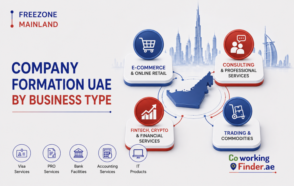 Company formation UAE by business type for e-commerce, consulting, fintech, crypto and trading