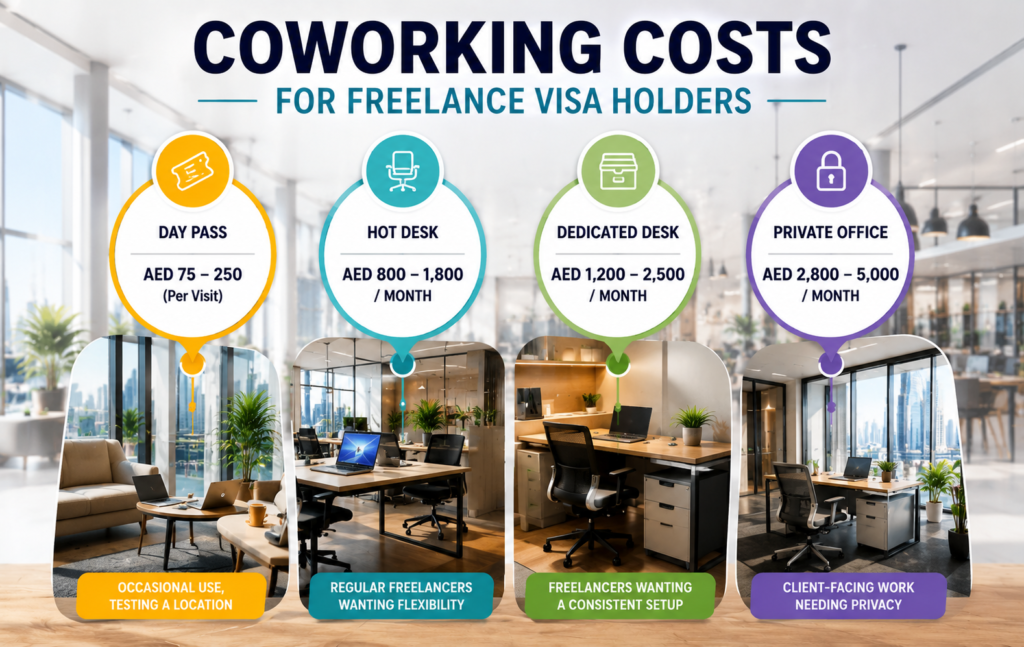 Typical coworking costs for freelance visa holders in the UAE including day pass, hot desk, dedicated desk, and private office pricing
