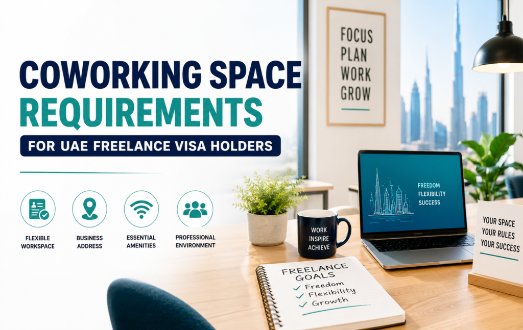 Modern coworking space for UAE freelance visa holders featuring flexible workspaces, business amenities, and a professional office environment in Dubai.