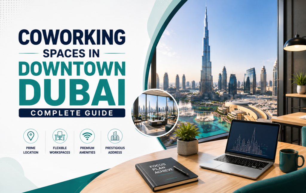 Modern coworking spaces in Downtown Dubai with flexible workspaces and panoramic Burj Khalifa skyline views.