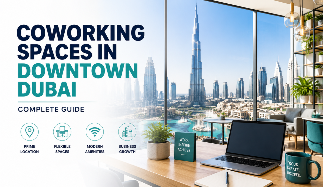 Coworking spaces in Downtown Dubai with modern workspaces and panoramic Burj Khalifa skyline views.