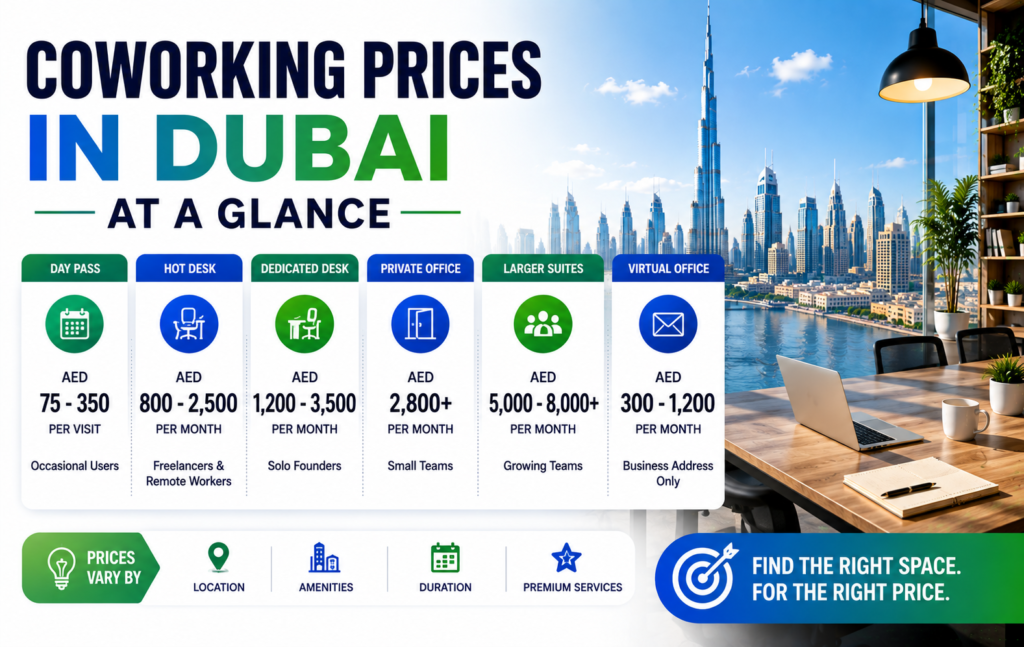 Infographic showing Dubai coworking space prices in 2026 for day passes, hot desks, dedicated desks, private offices, and virtual offices.