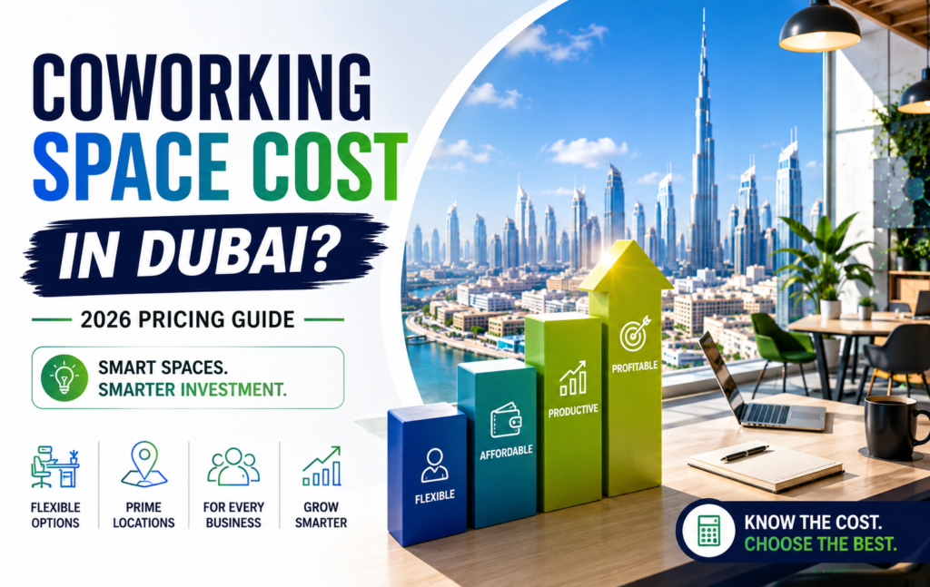 Bright modern coworking office in Dubai showcasing flexible workspaces and the 2026 coworking space cost guide for freelancers, startups, and businesses.