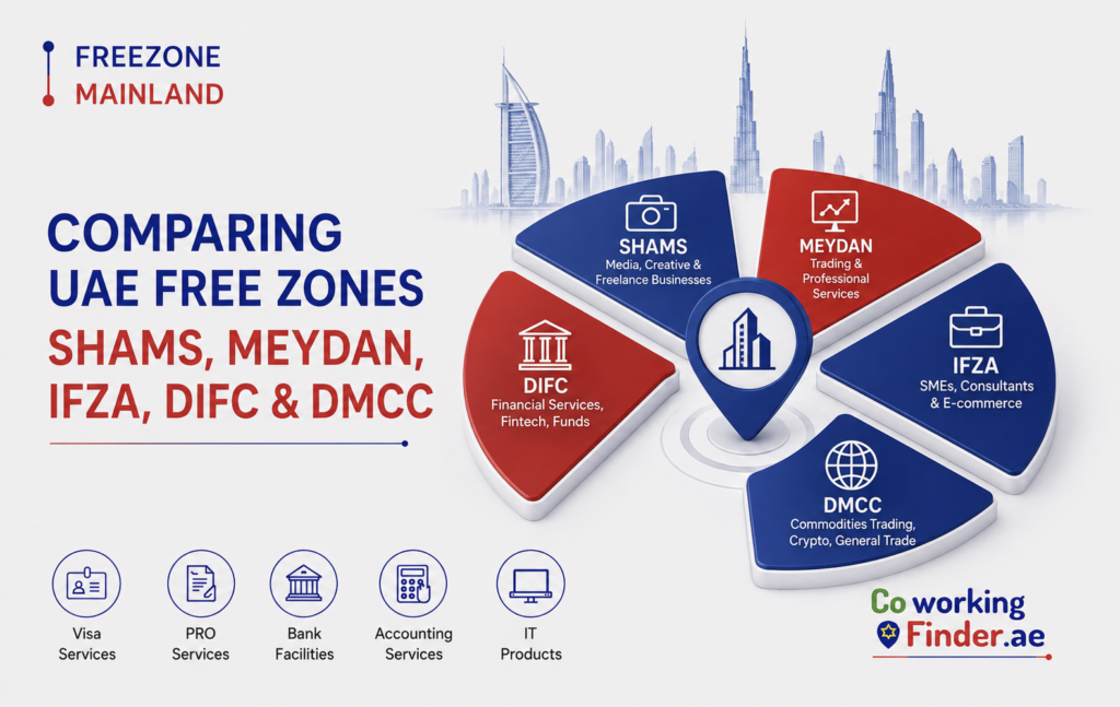 UAE free zone comparison of SHAMS, Meydan, IFZA, DIFC and DMCC