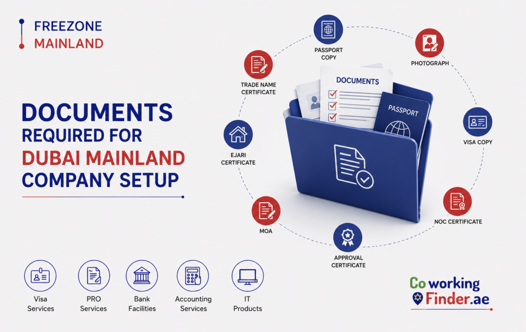 Documents required for Dubai mainland company setup including passport, visa, NOC, MOA, Ejari and approval certificates