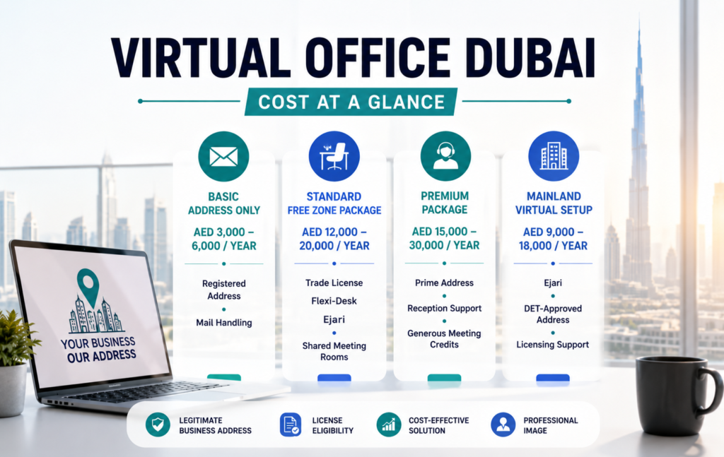 Infographic showing Virtual Office Dubai costs in 2026 with pricing for basic, free zone, premium, and mainland virtual office packages.