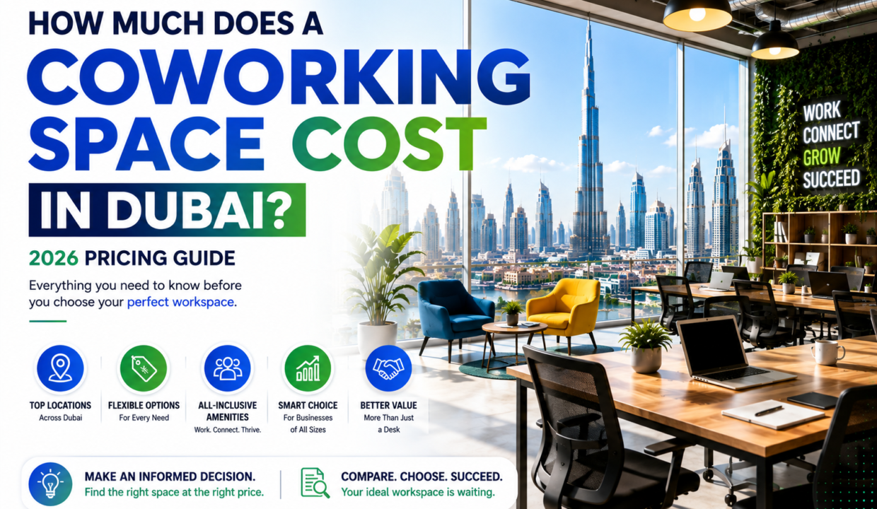 Modern coworking space in Dubai with bright office interior representing the 2026 coworking space pricing guide and flexible workspace options.
