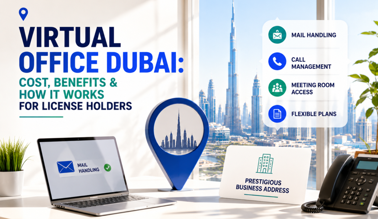 Bright modern virtual office in Dubai featuring a prestigious business address, mail handling, call management, and flexible office solutions for UAE license holders.