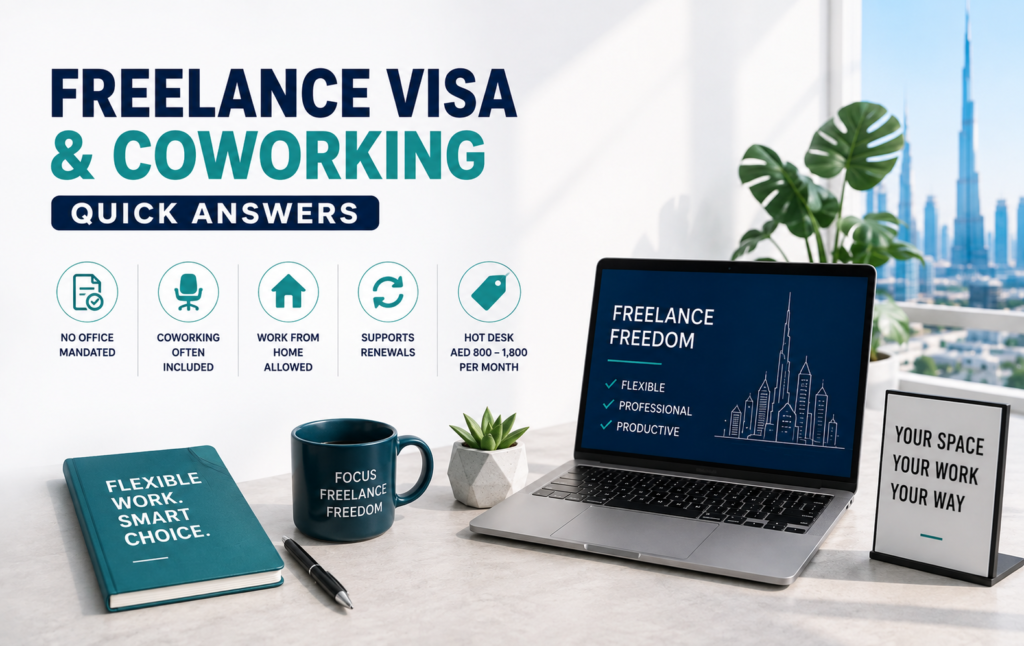 Quick answer guide on coworking spaces for UAE freelance visa holders featuring a modern flexible workspace and professional office environment.