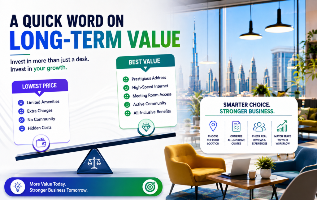 Modern coworking space in Dubai highlighting long-term value with premium amenities, flexible workspaces, and professional business facilities.