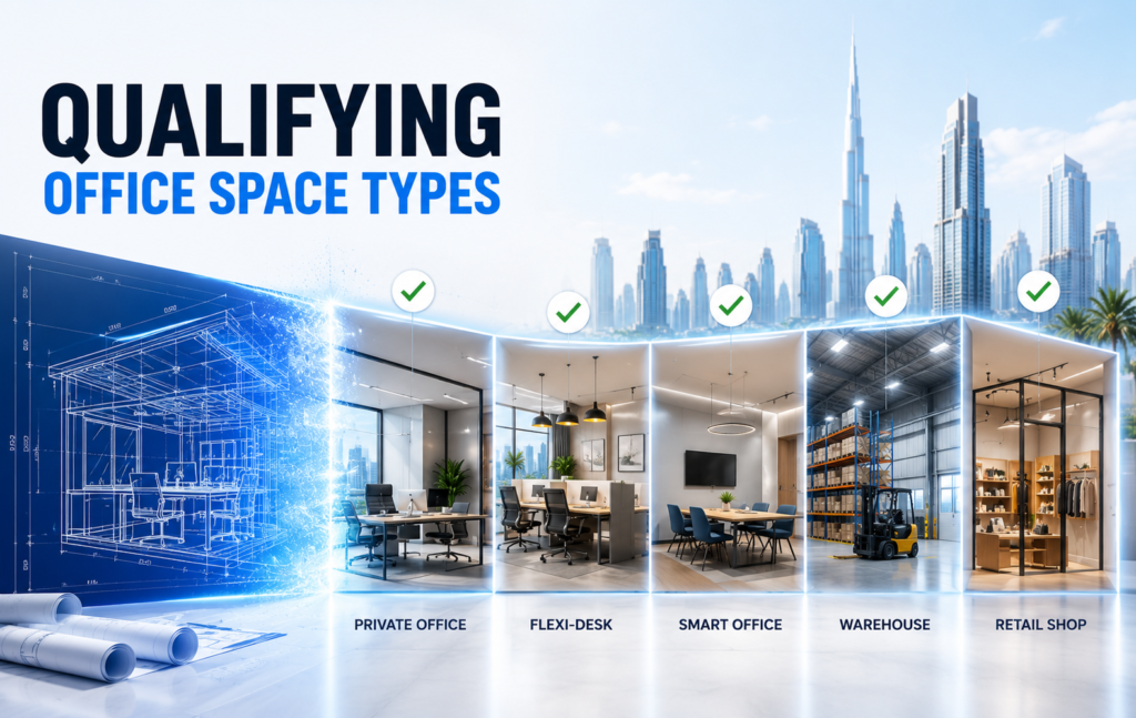Qualifying office space types for UAE mainland trade license including private office, flexi-desk, smart office, warehouse, and retail shop
