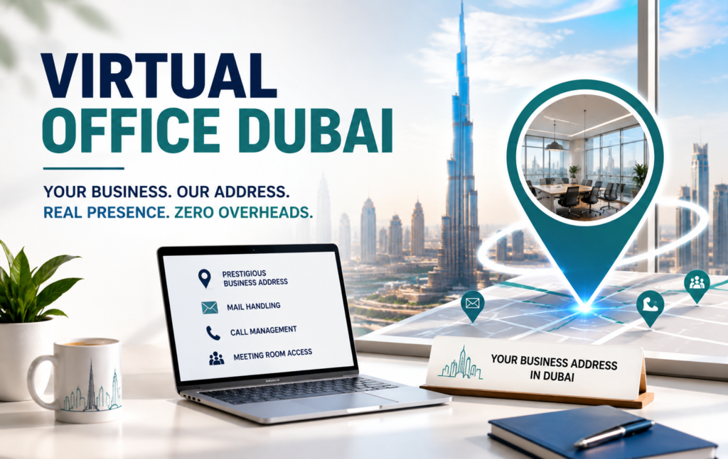 Bright modern virtual office in Dubai with a prestigious business address, flexible workspace, and business setup solutions for UAE entrepreneurs and license holders.