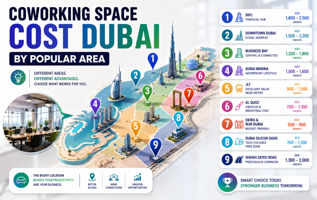Illustrated map of Dubai showing coworking space costs across popular business areas including DIFC, Business Bay, Dubai Marina, JLT, Deira, and Sheikh Zayed Road.